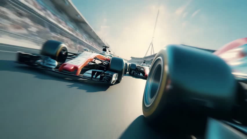 Thrilling race in motion. Racing cars speed down the track, blurring background in dynamic display. Excitement of competition. Motorsport and adrenaline-fueled action.