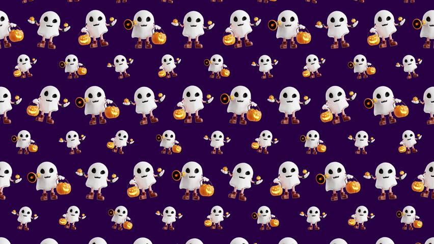 4K Cute Cartoon Ghost Trick or Treat Seamless Pattern 3D Animation