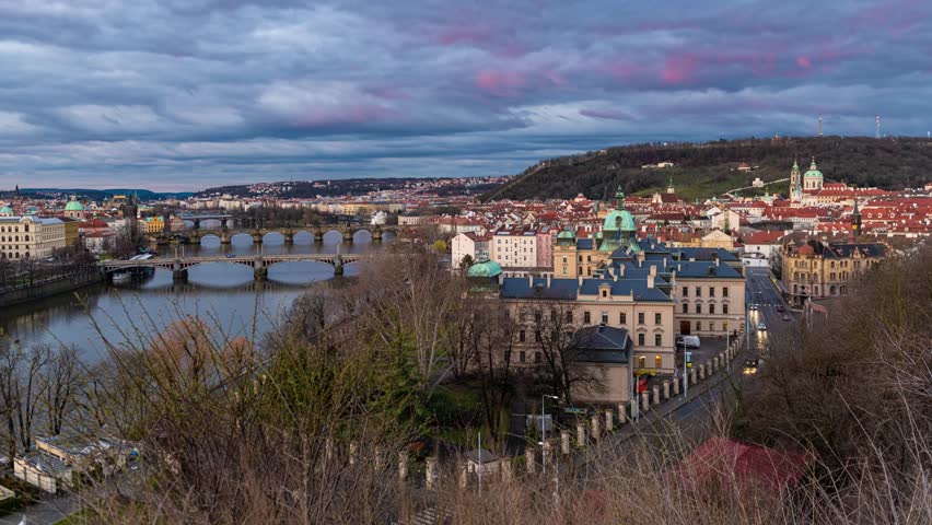 Prague city skyline with architecture and urban time lapse view in Czech Republic.