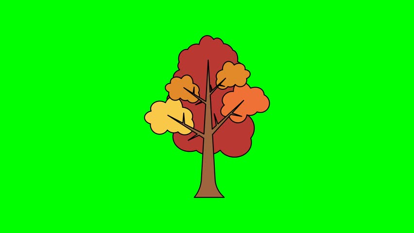 Autumn tree illustration with red, orange, and yellow leaves on green background in simple flat vector design