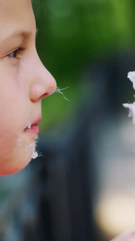 Portrait, pretty girl of eight years, blonde, with freckles, and multi-colored pigtails, eats sweet white cotton, cotton candy, candyfloss. having fun, in the city park, in summer
