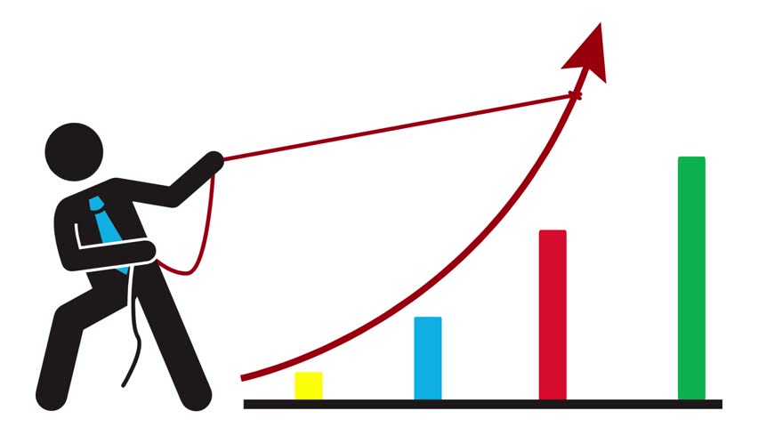 A determined figure pulling an upward trending red arrow on a graph