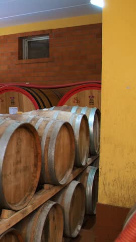 Wooden barrels. winery. wine , cognac, whiskey or brandy warehouse. wooden barrels with wine stacked in rows at wine warehouse, cellar or storage. traditional small family winery.