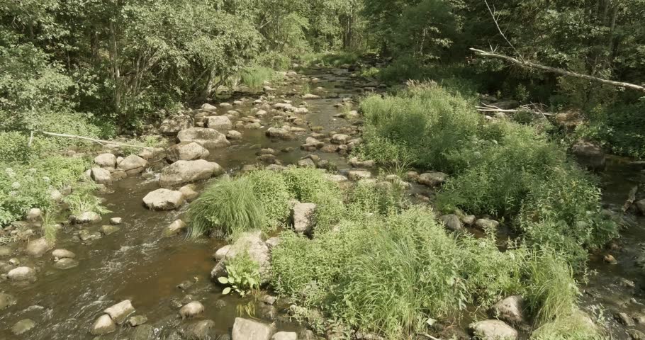 Aerial view of Lukkokoski rapids is the longest natural rapids of Mustijoki river in sunny summer weather, Mäntsälä, Finland.