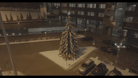 Aerial View Drone Retreating Festive Christmas Tree