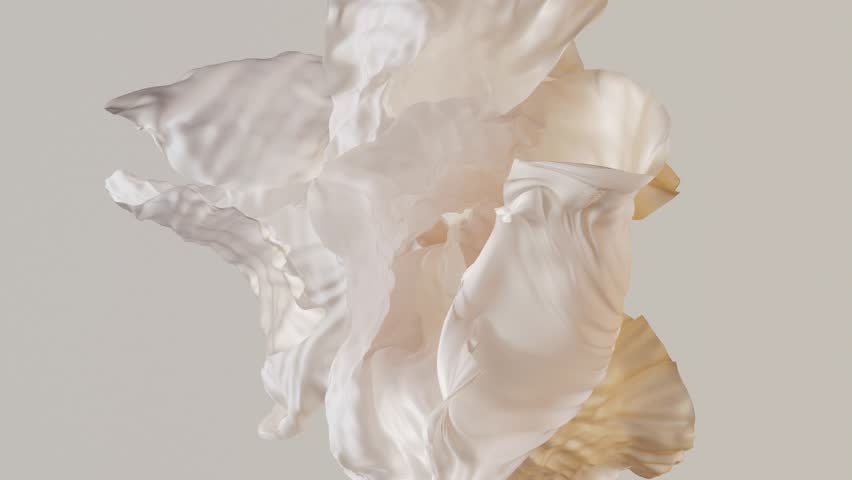 Single white hibiscus-inspired flower time lapse growth, elegant petal waves 3d rendering botanical animation. Spa, cosmetic or natural design concepts