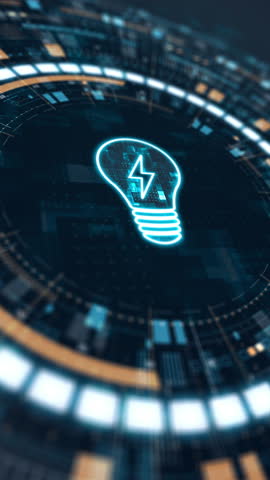 Motion graphic of glowing light bulb icon with digital circuitry and futuristic data flow, vertical format symbolizing innovation, creativity and new technology ideas.