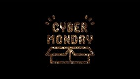 Golden “Cyber Monday” text with sparkling shine and delivery box icon. Seamless loop and alpha transparent background, ideal for holiday sales, ecommerce promos, luxury discounts, and shopping ads. - Powered by Shutterstock - Get 15% off with code: PIKWIZARD15