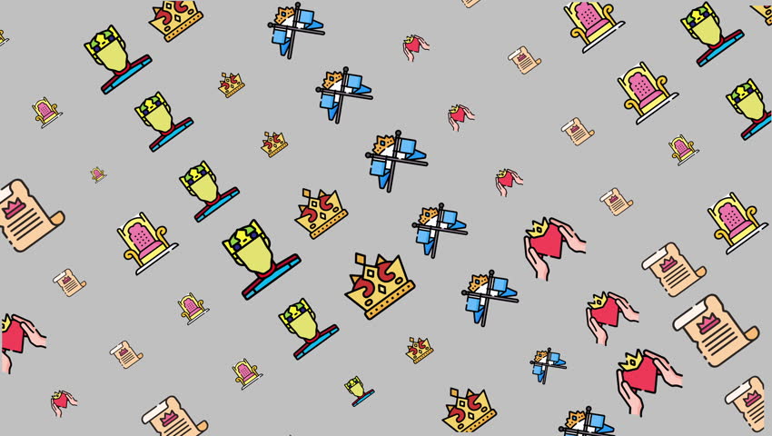 Seamless looping pattern of royal icons including crown, throne, scroll, and heart on soft gray background. Perfect for monarchy, luxury, and noble themes.