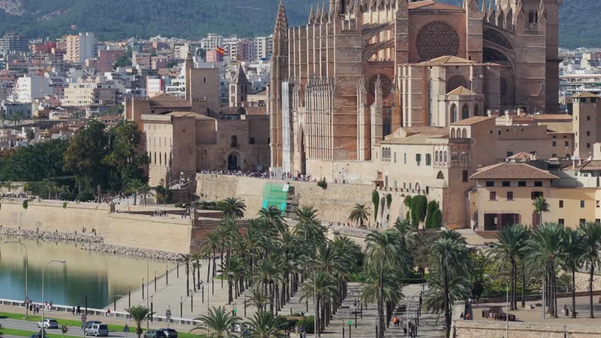 Aerial View of Palma de Mallorca Cathedral (La Seu) and Old Town on the Mediterranean Coast