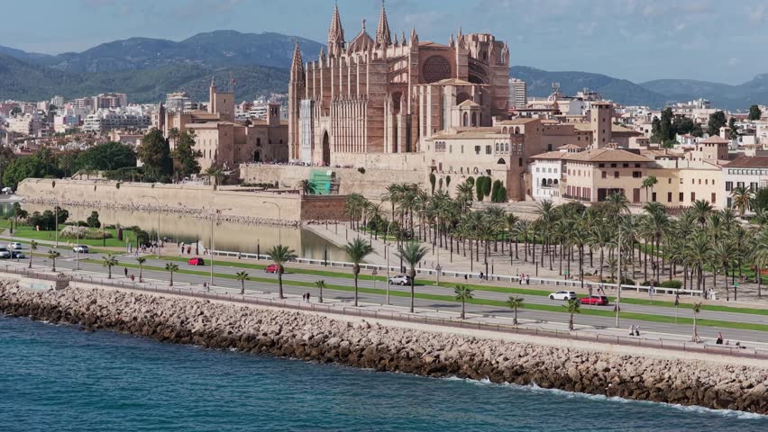 Aerial View of Palma de Mallorca Cathedral (La Seu) and Old Town on the Mediterranean Coast