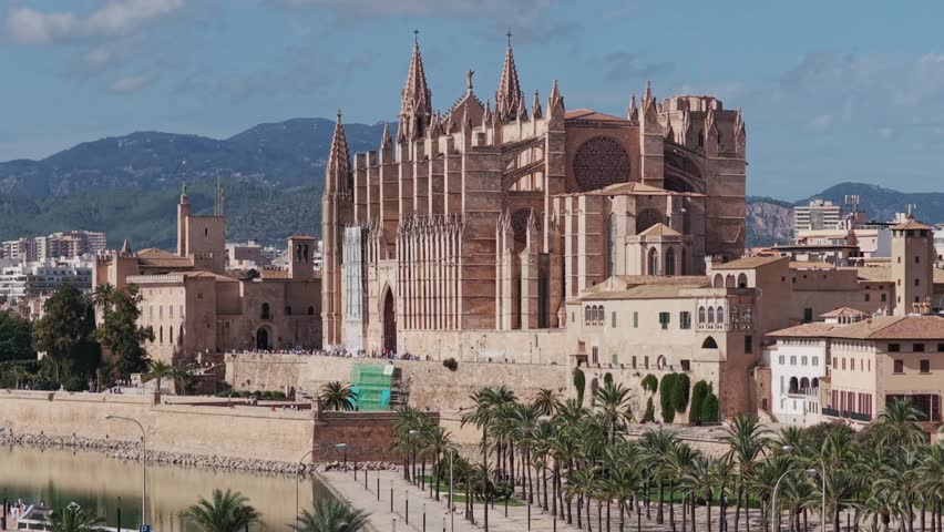 Aerial View of Palma de Mallorca Cathedral (La Seu) and Old Town on the Mediterranean Coast