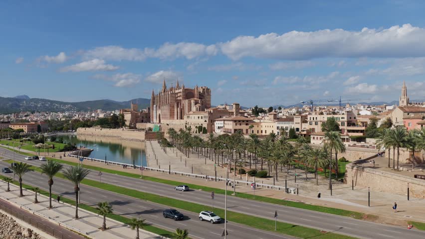 Aerial View of Palma de Mallorca Cathedral (La Seu) and Old Town on the Mediterranean Coast