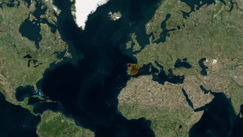 Animated map reveals Spain borders with waving national flag. Camera then zooms to Madrid region, displaying its official banner and name. Motion graphic with geographic presentation