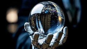 Robotic hand balancing a glowing glass orb filled with digital data — symbolizing precision, innovation, and the intelligent balance of technology and smart cities. - Powered by Shutterstock - Get 15% off with code: PIKWIZARD15