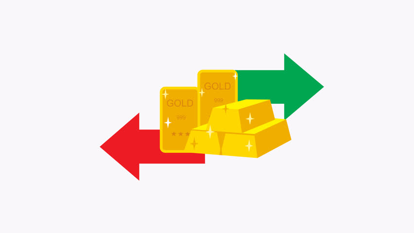 Gold bars with red and green exchange arrows ideal for financial concepts, investment websites, stock market articles, and money themed designs.