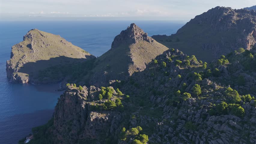 Aerial View of Torrent de Pareis Gorge and Sa Calobra Beach at the River Mouth, Mallorca