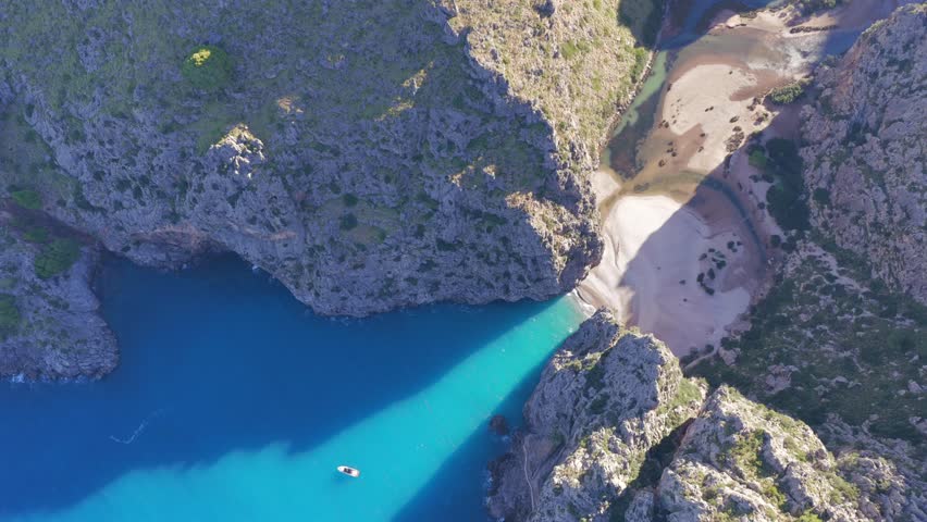 Aerial View of Torrent de Pareis Gorge and Sa Calobra Beach at the River Mouth, Mallorca