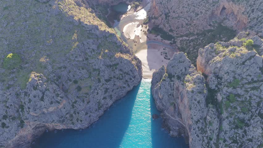 Aerial View of Torrent de Pareis Gorge and Sa Calobra Beach at the River Mouth, Mallorca