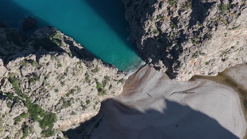 Aerial View of Torrent de Pareis Gorge and Sa Calobra Beach at the River Mouth, Mallorca