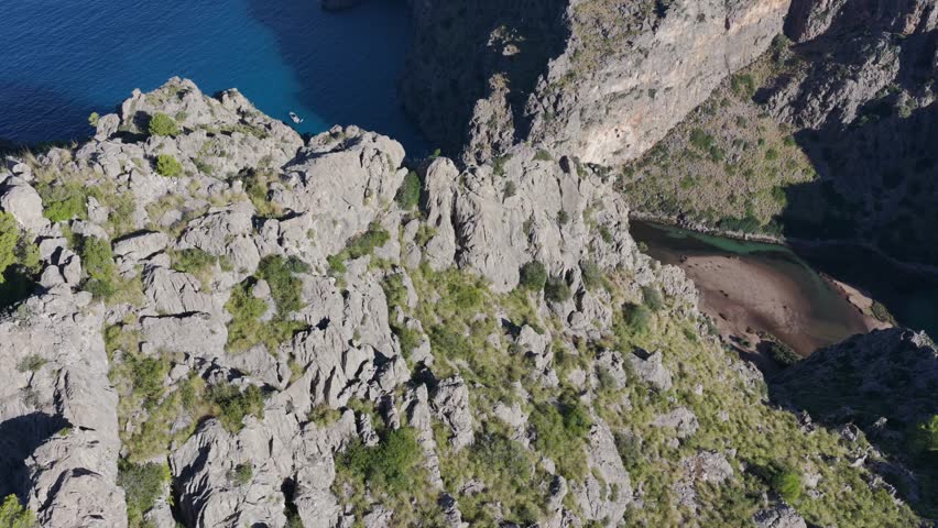 Aerial View of Torrent de Pareis Gorge and Sa Calobra Beach at the River Mouth, Mallorca
