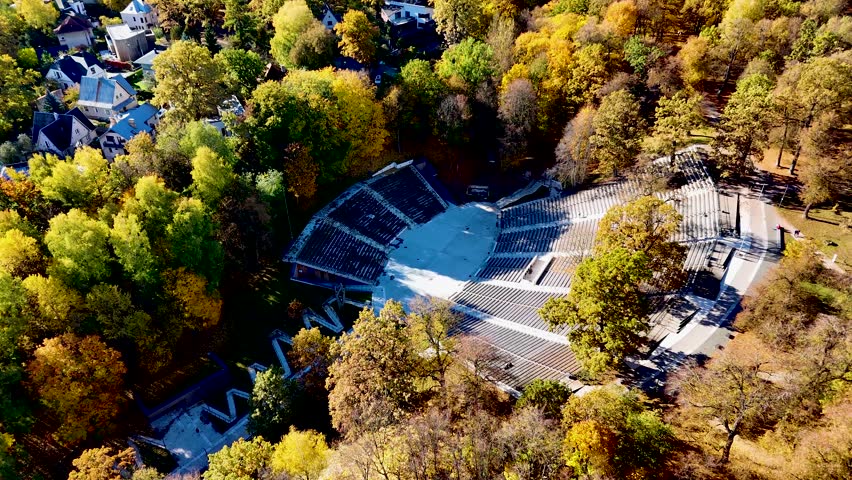 Valley of songs in Kaunas, Lithuania Oak grove park. Aerial 4K drone video footage of autumn in Kaunas