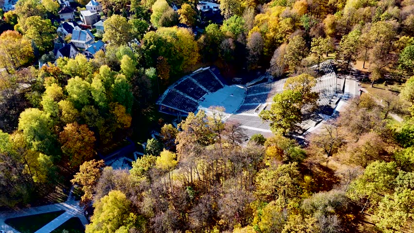 Valley of songs in Kaunas, Lithuania Oak grove park. Aerial 4K drone video footage of autumn in Kaunas