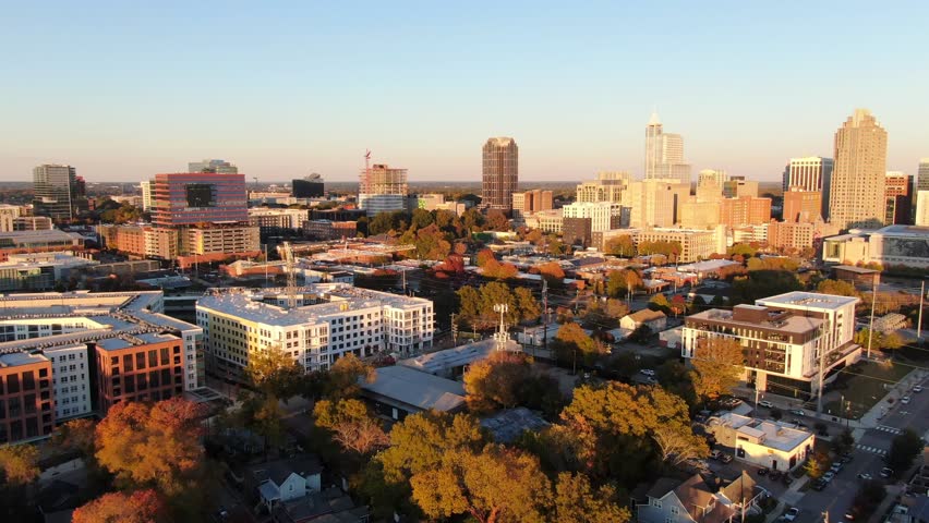 Golden Hour Aerial Drone Clips of the Downtown Raleigh North Carolina Skyline With Peak Fall Foliage: Travel, Architecture, Cityscape, Landscapes