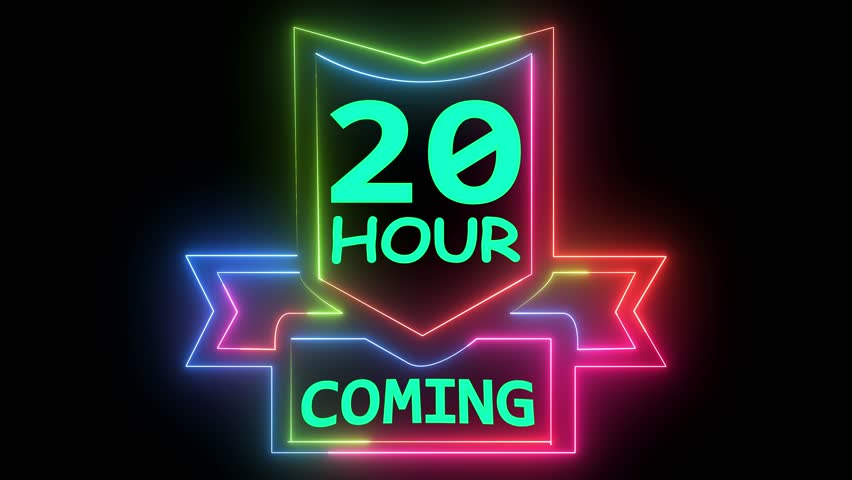 Dynamic neon arrow down coming soon sign. Glowing outline animation. 20 hour countdown display clip.