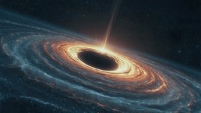 A dramatic and visually stunning illustration of a supermassive black hole surrounded by a glowing accretion disk. The black hole itself is seen as pitch blackness at the center. - Powered by Shutterstock - Get 15% off with code: PIKWIZARD15