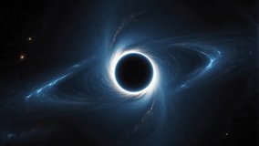 A stunning artistic visualization of a supermassive black hole surrounded by a glowing, rotating accretion disk. The center of the black hole appears as a perfect, pitch-black silhouette that bends - Powered by Shutterstock - Get 15% off with code: PIKWIZARD15
