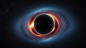 A dramatic and stunning artistic illustration of a supermassive black hole surrounded by a glowing accretion disk. Its center is a region of pitch-black darkness - Powered by Shutterstock - Get 15% off with code: PIKWIZARD15