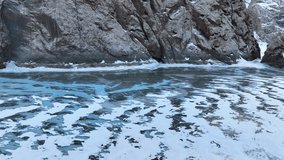 Close up view of a frozen lake or river surface with a mesmerizing spiderweb pattern of cracks in clear blue ice Sheer, towering canyon walls loom on either side in a deep gorge - Powered by Shutterstock - Get 15% off with code: PIKWIZARD15