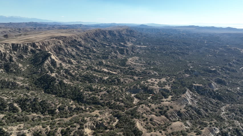 Aerial view of beautiful textures and hills in Vashlovani national park. Gorgeous place in Georgia.