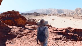 A woman with a backpack walking in the desert. Trekking and hiking in the desert. Back view. Timna National Park. Israel. Tourist in the desert. - Powered by Shutterstock - Get 15% off with code: PIKWIZARD15