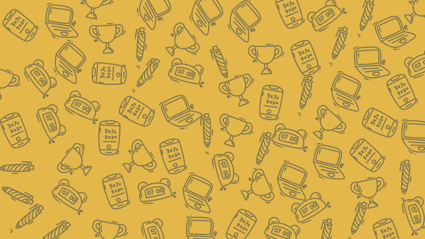 A lively collection of cartoon-style school and office supplies including notebooks, pens, pencils, and art tools in a colorful flat design.