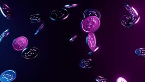 4k seamless loop of neon Bitcoin coins falling. Futuristic, glowing 3D animation for cryptocurrency, fintech, and blockchain technology. Dark background with blue and pink lights - Powered by Shutterstock - Get 15% off with code: PIKWIZARD15