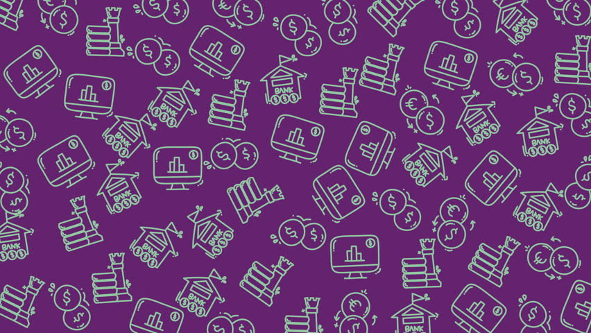 A detailed digital pattern featuring financial icons such as coins, wallets, currency symbols, and banknotes on a vibrant purple background perfect for business and finance visuals.