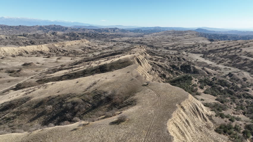 Aerial view of beautiful textures and hills in Vashlovani national park. Gorgeous place in Georgia.