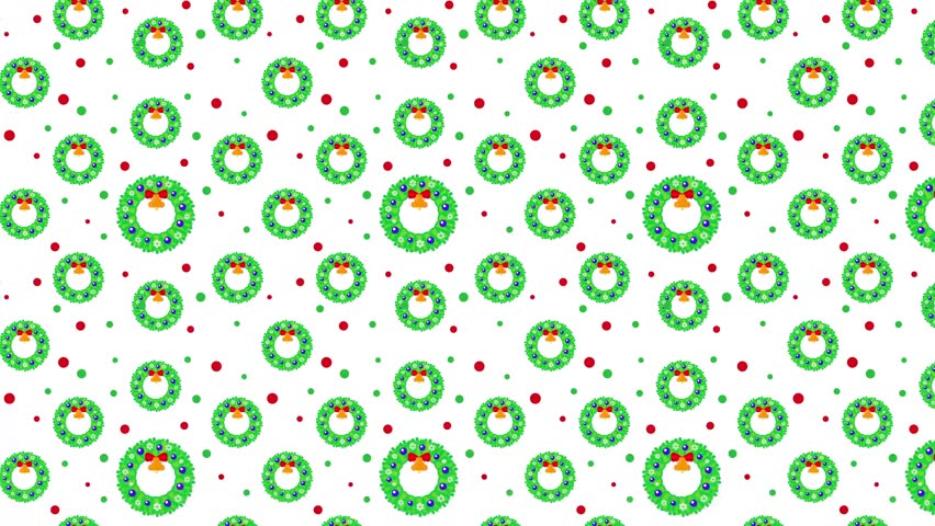 A cheerful seamless looping animation featuring green Christmas wreaths decorated with red bows, golden bells, and colorful ornaments on a bright white background.