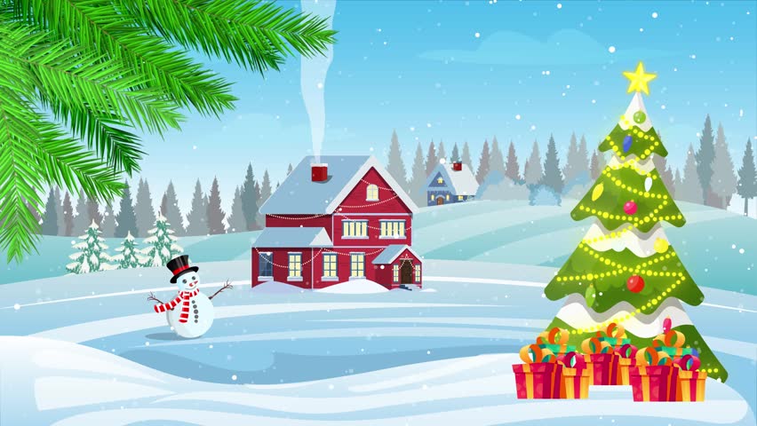Cartoon Christmas Landscape Scene 4k looped