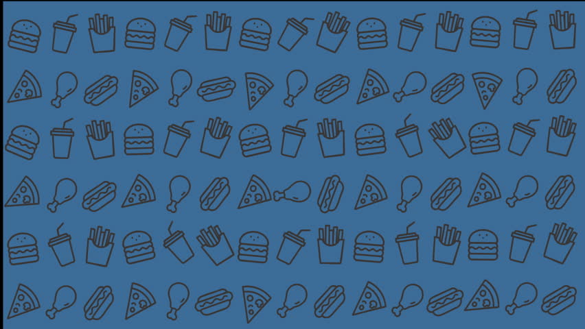 A vibrant sequence of food and snack icons featuring various treats, beverages, and ingredients in a cohesive modern line art style suitable for digital design and marketing.