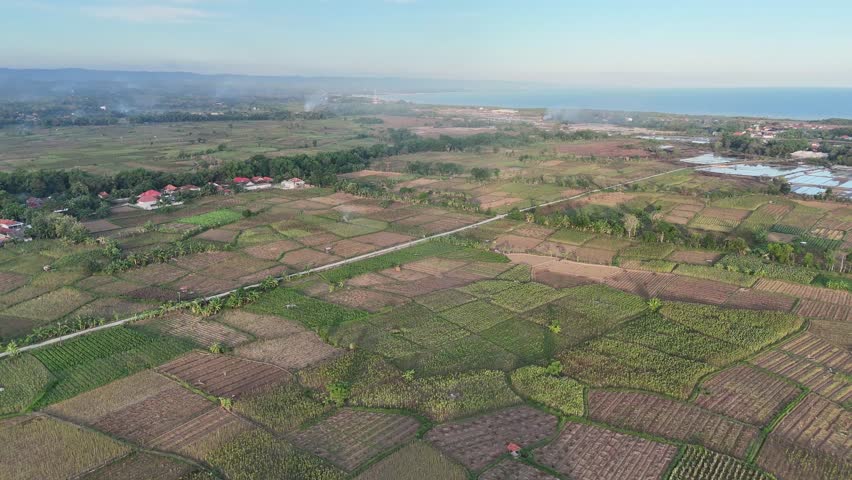Aerial view of coastal farmland and village landscape under blue sky with beautiful sea.