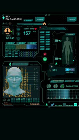 Futuristic bio diagnostic interface displaying vital signs, facial recognition, and medical data on a dark background