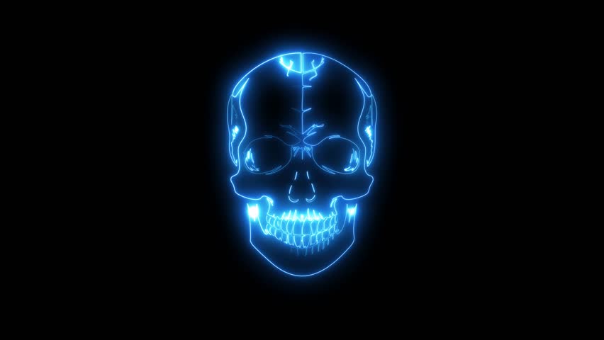 Skull icon neon glowing animation on black background, horror and danger symbol, spooky Halloween design, modern digital illustration for warning signs