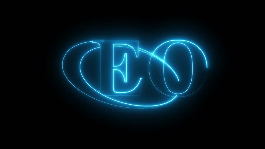 Neon CEO logo glowing animation on black background, business leadership symbol, corporate branding design, modern digital typography for company identity, entrepreneurship, and professional marketing