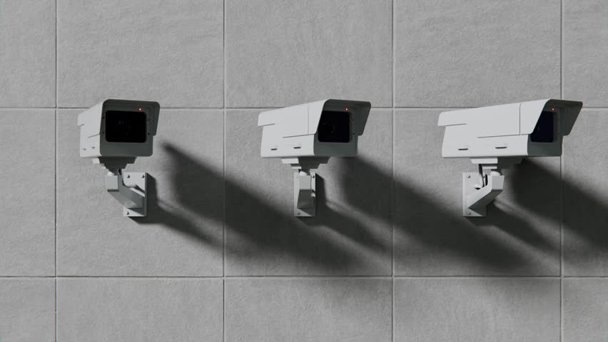 Seamless loop 3d animation of three white security cameras synchronously rotate same direction and record. Surveillance,  monitoring, total control, paranoid concept background