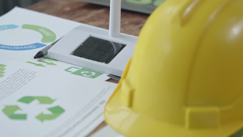 Construction Safety and Sustainability Guidelines Office Workspace Infographic Materials Professional Environment Close-Up View Eco-Friendly Practices