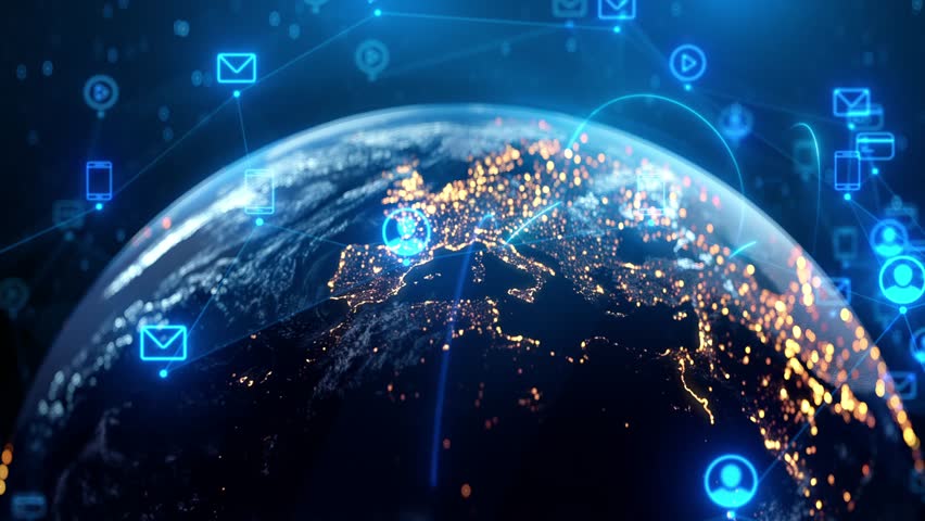 Global Social Network Connections and Earth Digital Data Transfer. Online Communication, Community, Data Sharing, People Interaction, Cloud, Internet, Future Technology, Connectivity, Virtual Network