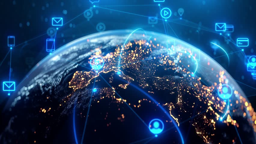 Global Social Network Connections and Earth Digital Data Transfer. Online Communication, Community, Data Sharing, People Interaction, Cloud, Internet, Future Technology, Connectivity, Virtual Network